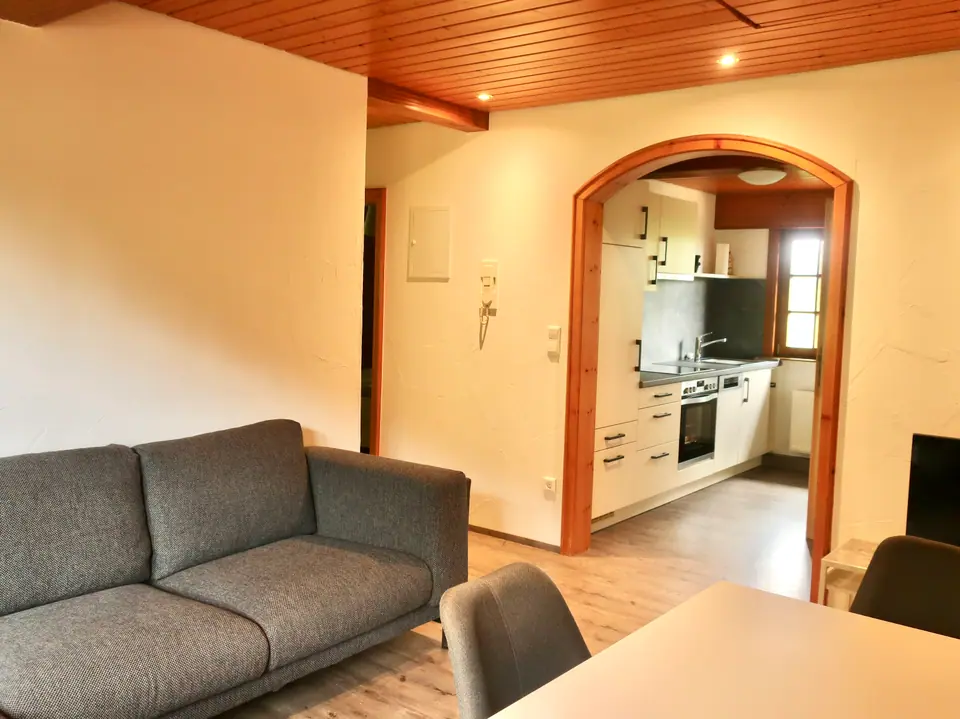 Ferienwohnung Bergseite: Sofa mit Durchgang zur Küche