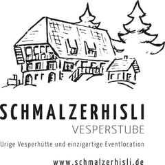 Logo Schmalzerhisli Vesperstube: Zeichnung des Hauses mit zwei Tannen